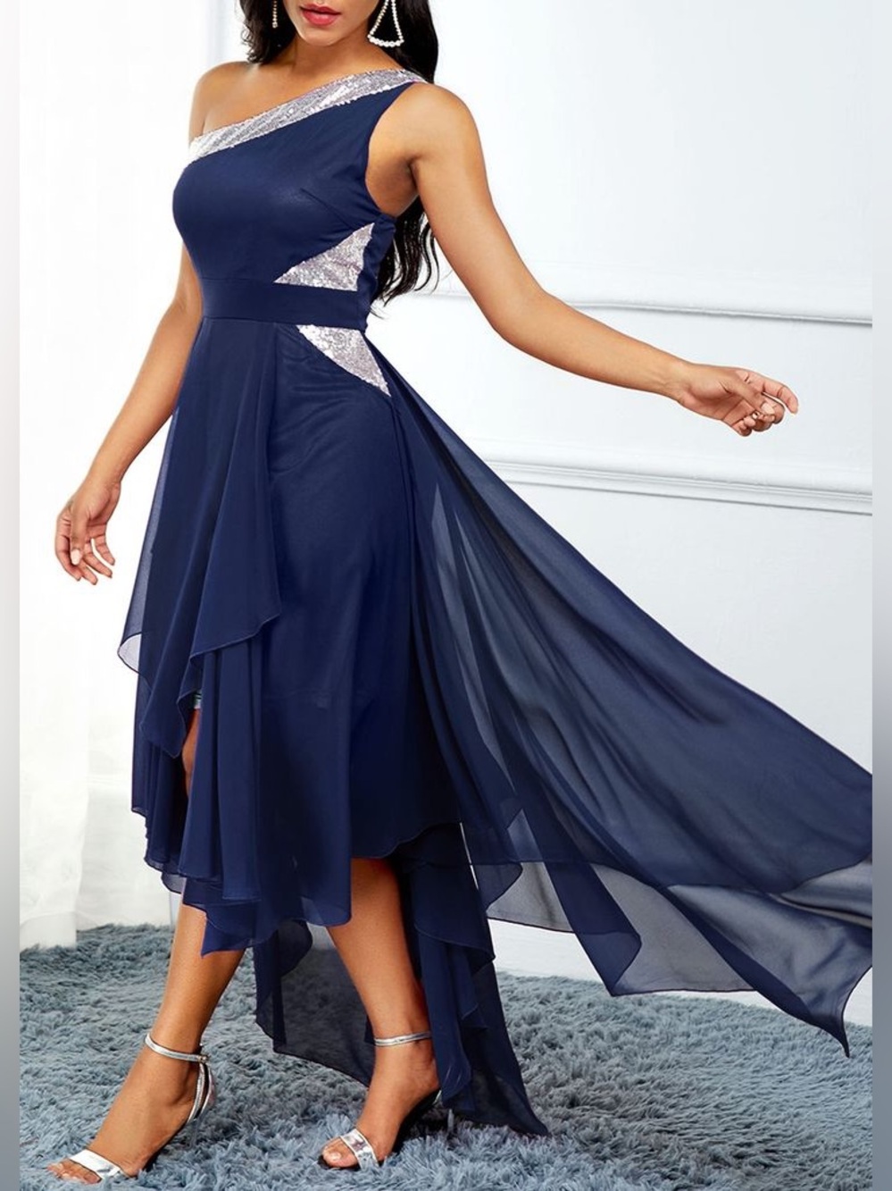 Elegant Navy One-Shoulder Evening Dress Large Silver Sequin